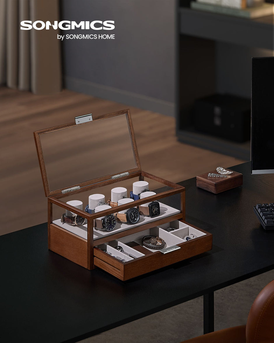 2-Tier Watch Box – Solid Wood – Natural Finish – 7 Pillars with Drawer and Velvet Lining