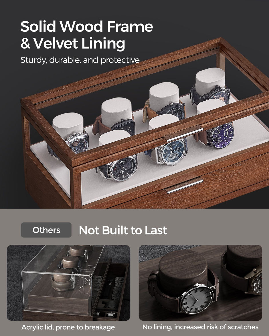2-Tier Watch Box – Solid Wood – Natural Finish – 7 Pillars with Drawer and Velvet Lining