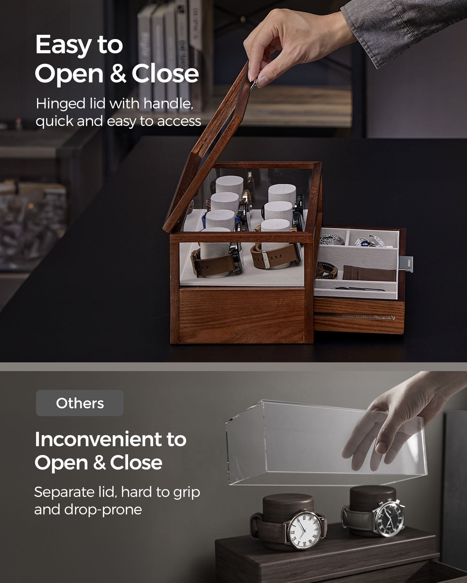 2-Tier Watch Box – Solid Wood – Natural Finish – 7 Pillars with Drawer and Velvet Lining