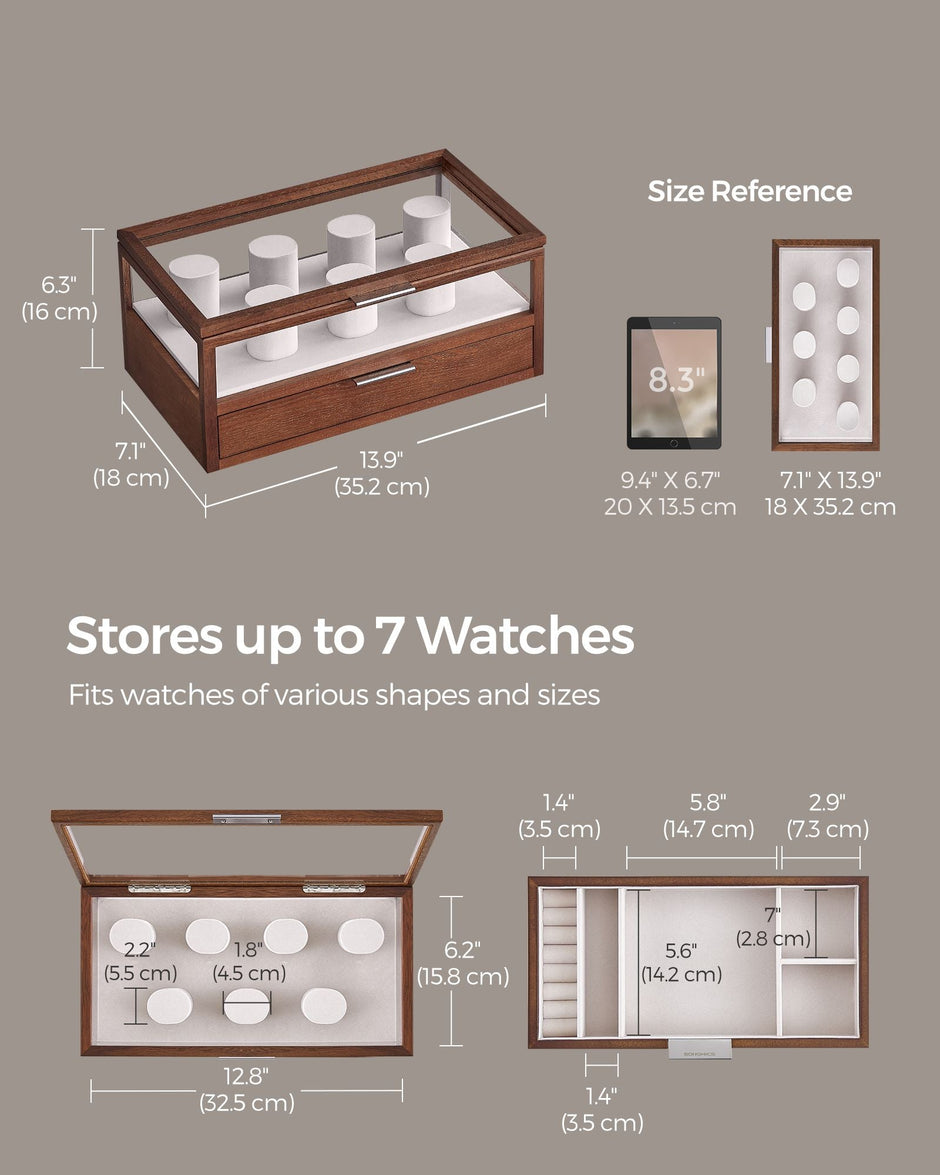 2-Tier Watch Box – Solid Wood – Natural Finish – 7 Pillars with Drawer and Velvet Lining