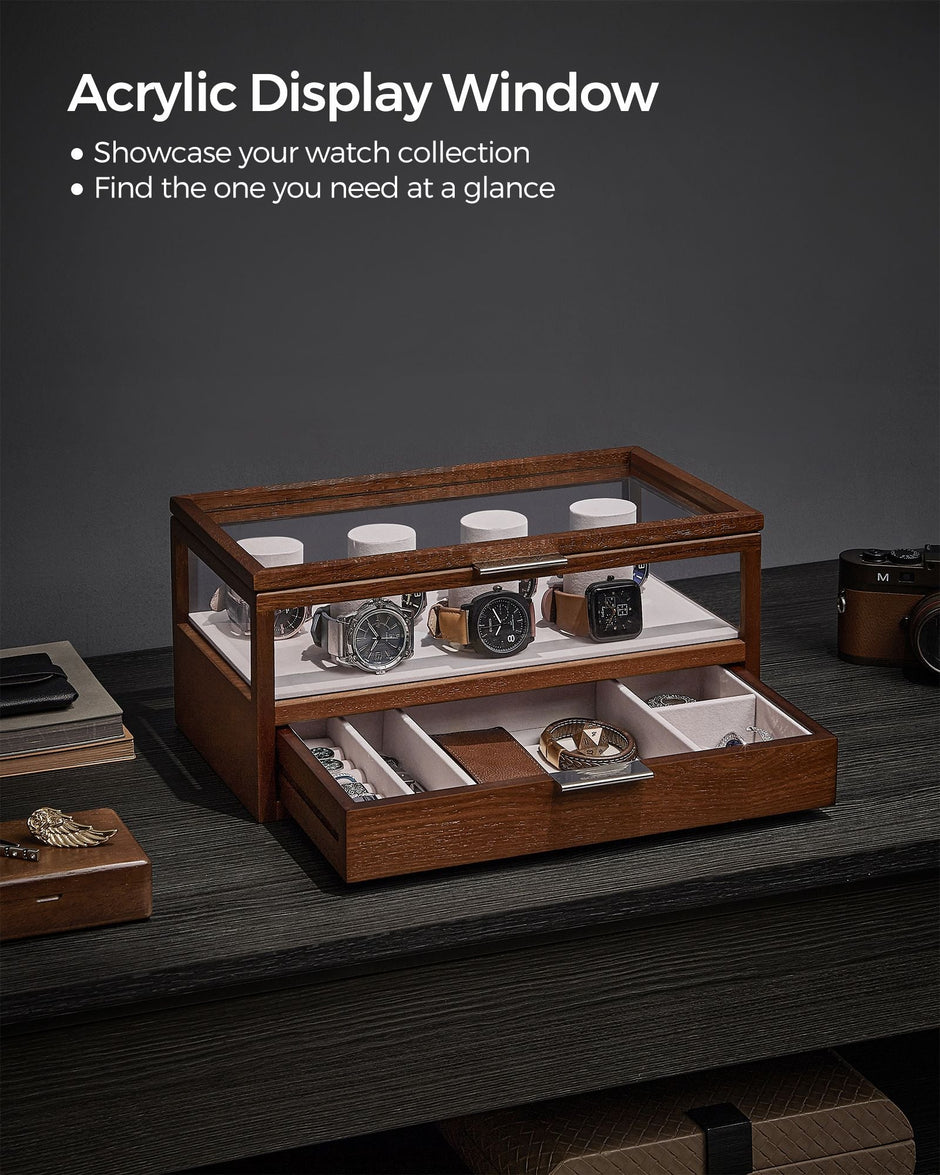 2-Tier Watch Box – Solid Wood – Natural Finish – 7 Pillars with Drawer and Velvet Lining