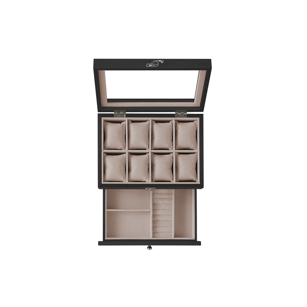 Wood Watch Box – Solid Wood – Rustic Walnut – 2-Tier with Glass Lid and 8 Slots