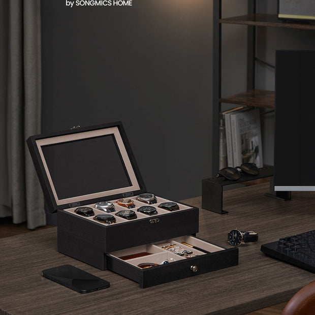 Wood Watch Box – Solid Wood – Rustic Walnut – 2-Tier with Glass Lid and 8 Slots