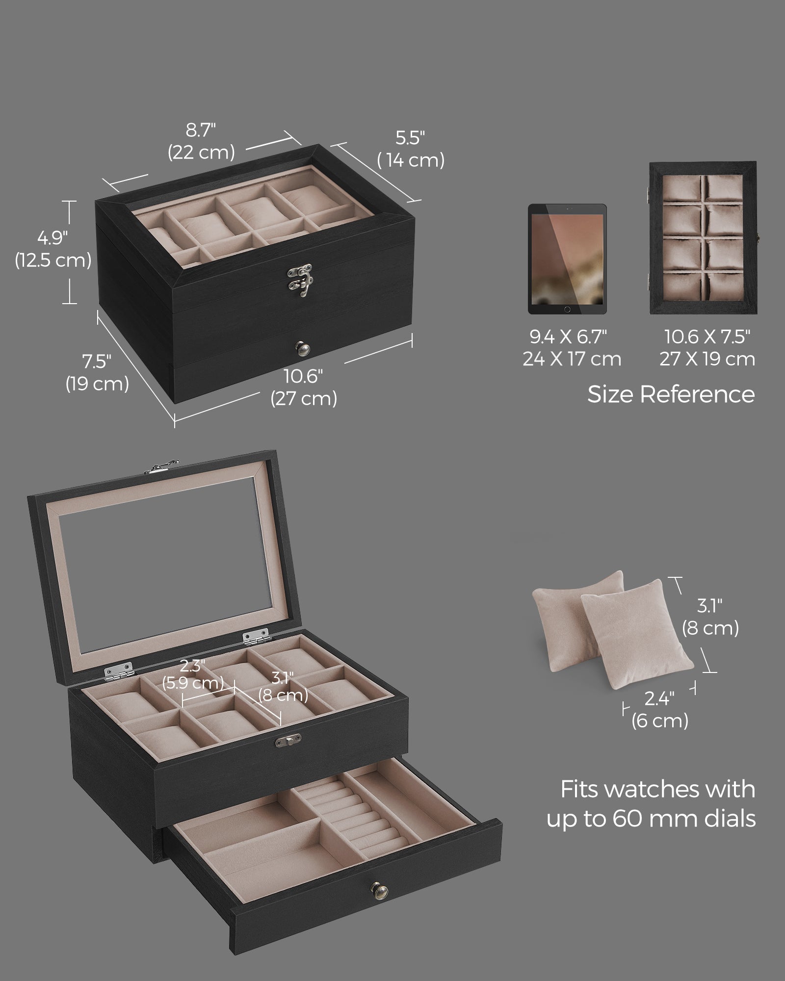 Wood Watch Box – Solid Wood – Rustic Walnut – 2-Tier with Glass Lid and 8 Slots