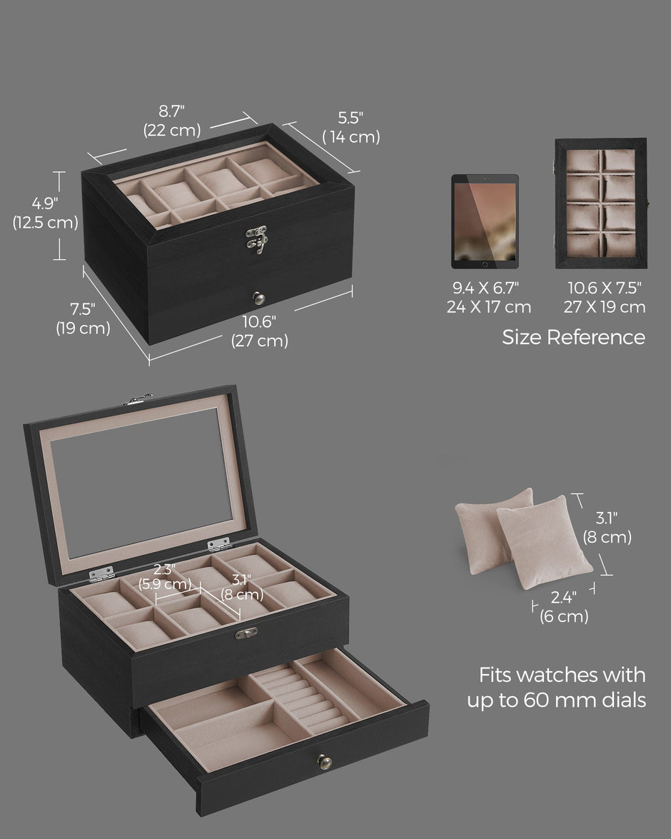 Wood Watch Box – Solid Wood – Rustic Walnut – 2-Tier with Glass Lid and 8 Slots