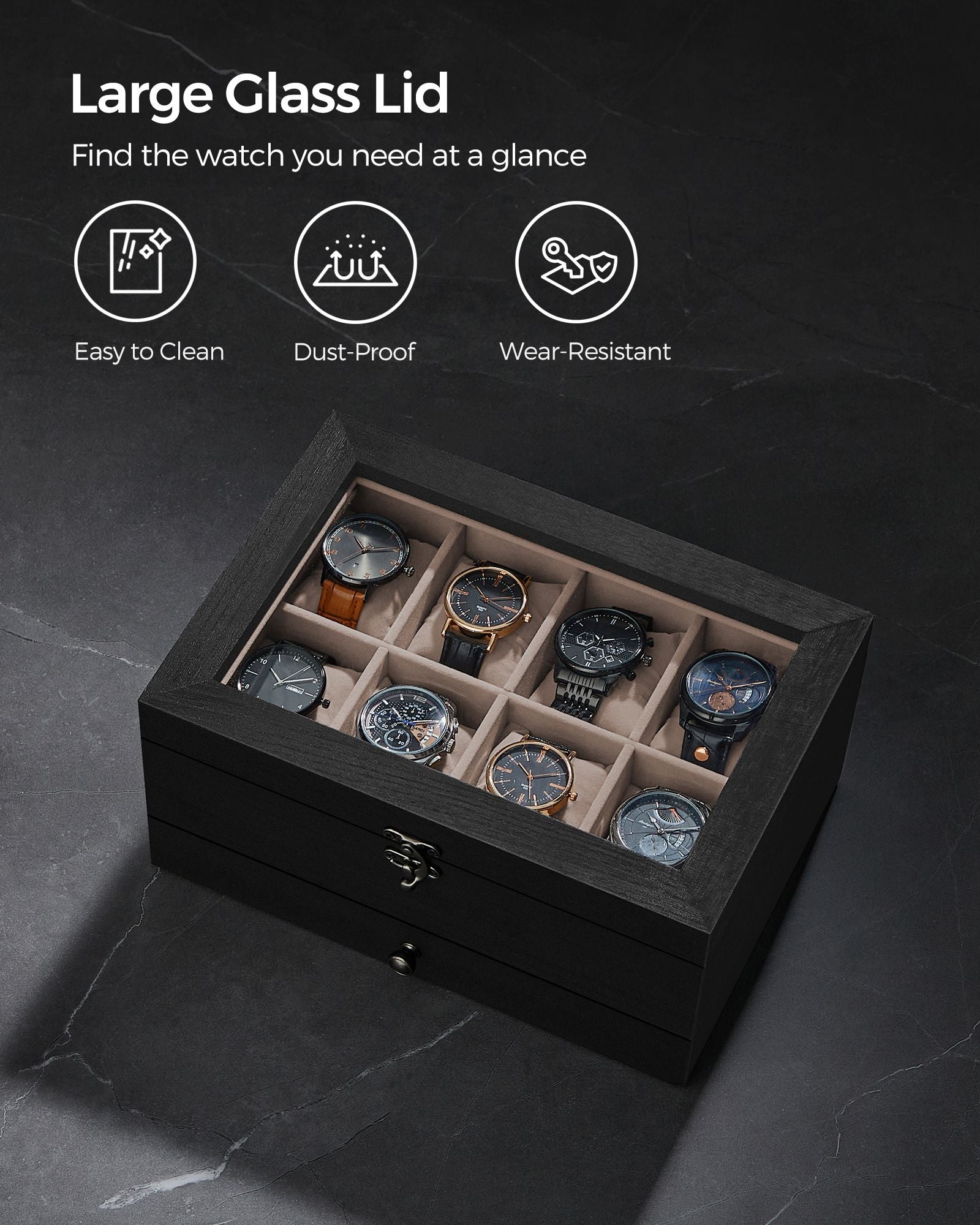 Wood Watch Box – Solid Wood – Rustic Walnut – 2-Tier with Glass Lid and 8 Slots