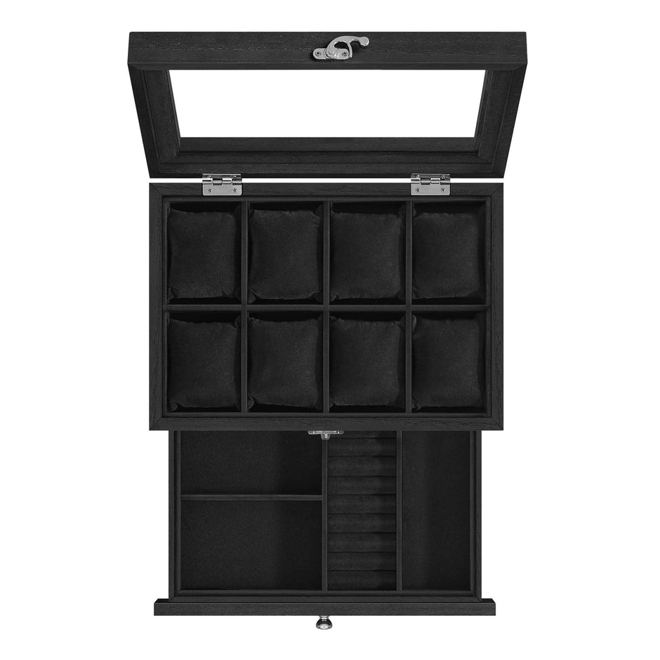 Watch Box – Solid Wood – Ink Black – 8 Slots with Pillows and Glass Lid
