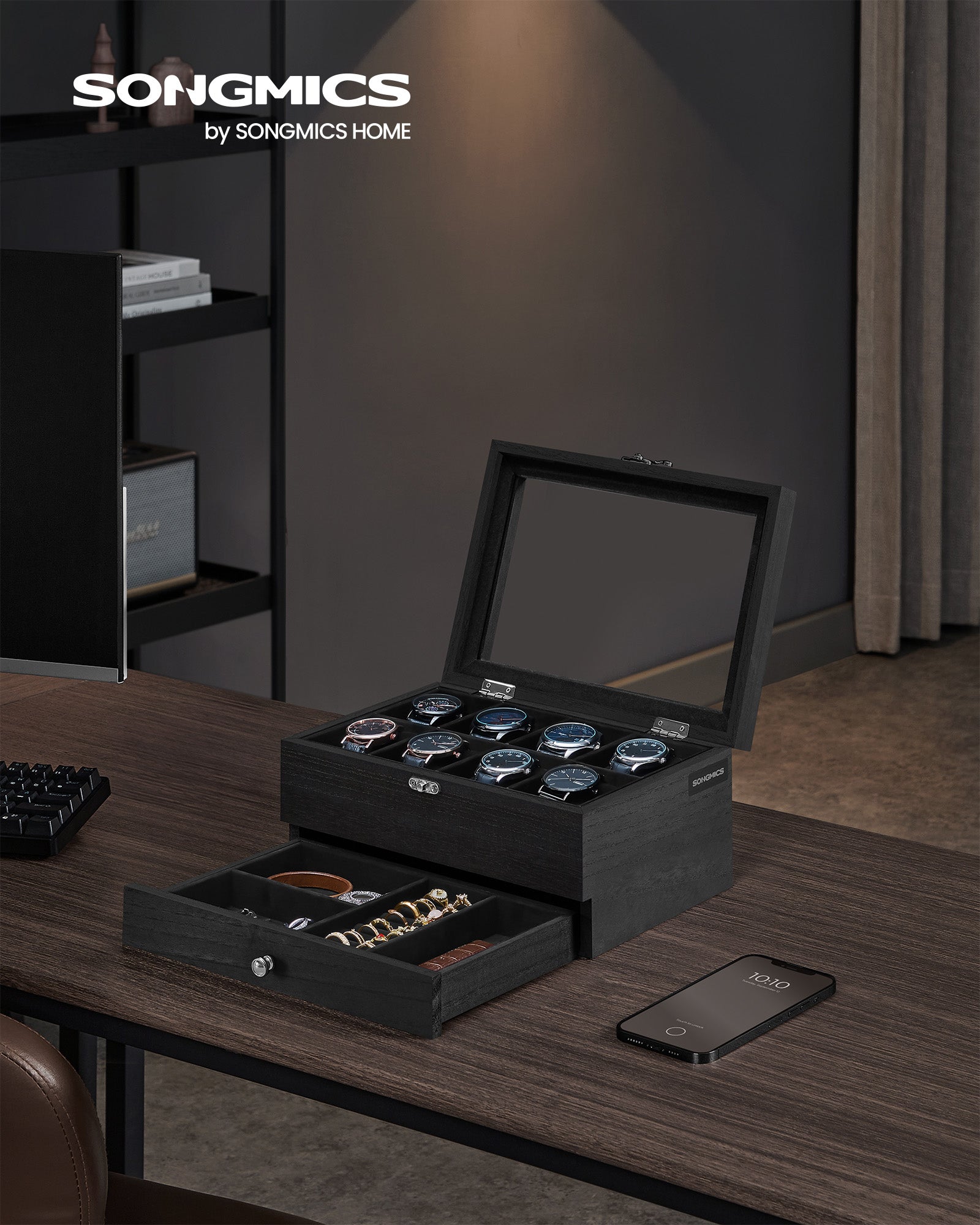 Watch Box – Solid Wood – Ink Black – 8 Slots with Pillows and Glass Lid