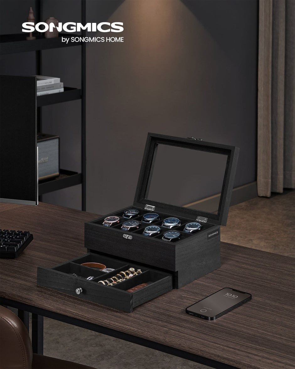 Watch Box – Solid Wood – Ink Black – 8 Slots with Pillows and Glass Lid