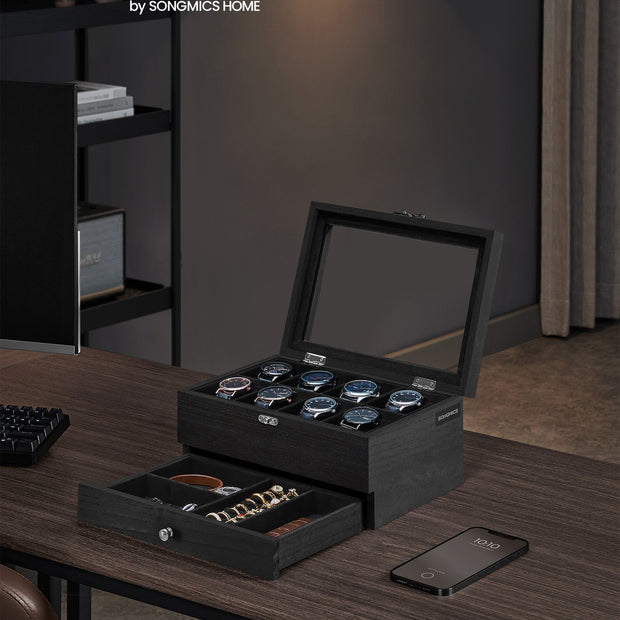 Watch Box – Solid Wood – Ink Black – 8 Slots with Pillows and Glass Lid