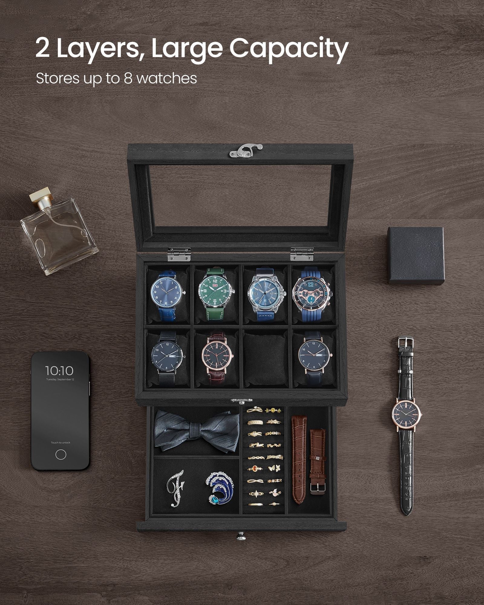 Watch Box – Solid Wood – Ink Black – 8 Slots with Pillows and Glass Lid