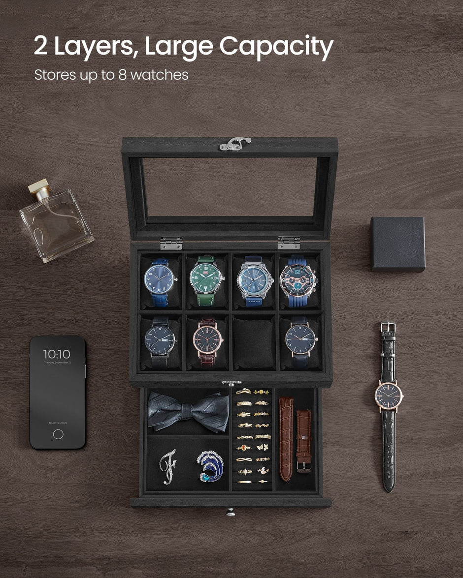 Watch Box – Solid Wood – Ink Black – 8 Slots with Pillows and Glass Lid