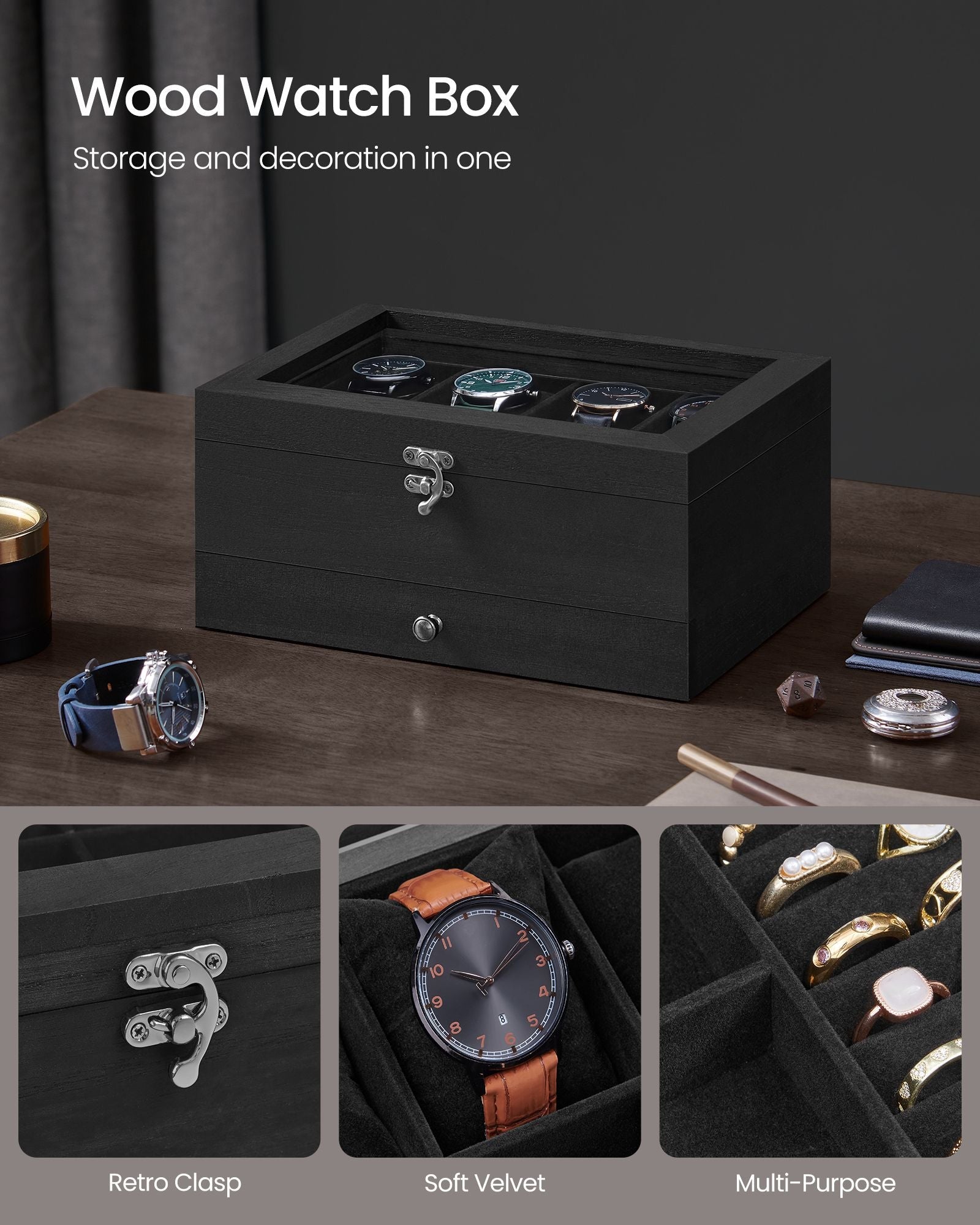 Watch Box – Solid Wood – Ink Black – 8 Slots with Pillows and Glass Lid