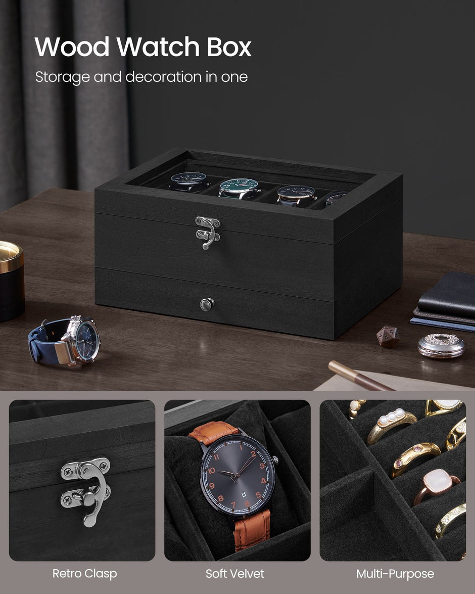 Watch Box – Solid Wood – Ink Black – 8 Slots with Pillows and Glass Lid