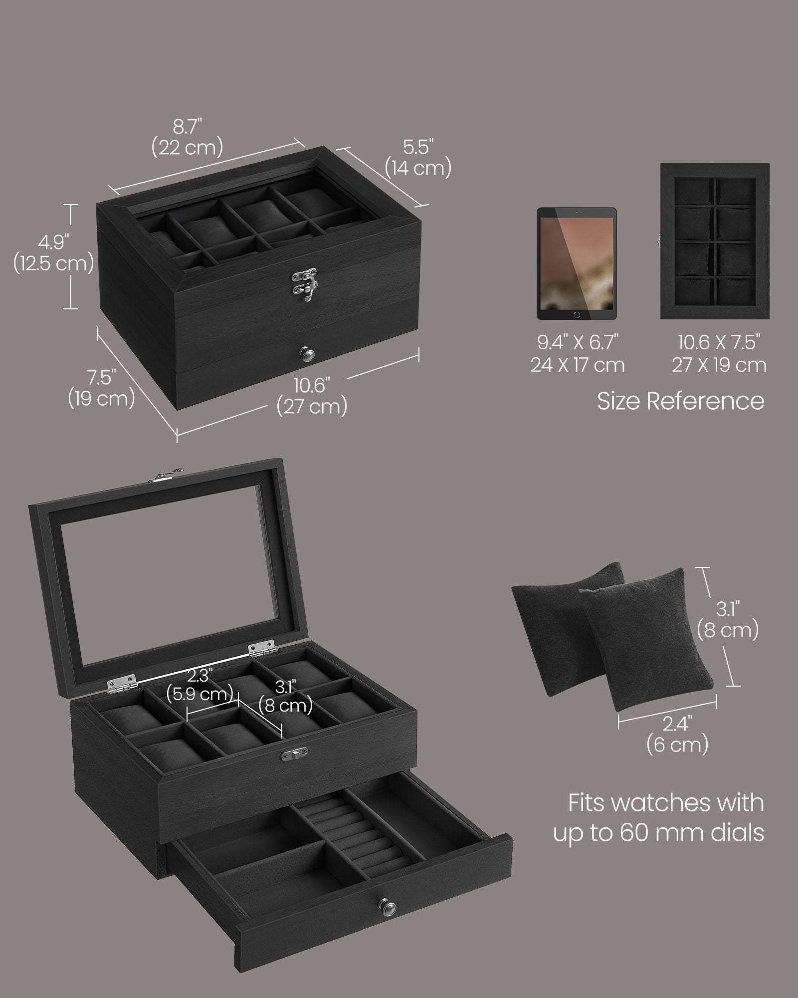 Watch Box – Solid Wood – Ink Black – 8 Slots with Pillows and Glass Lid
