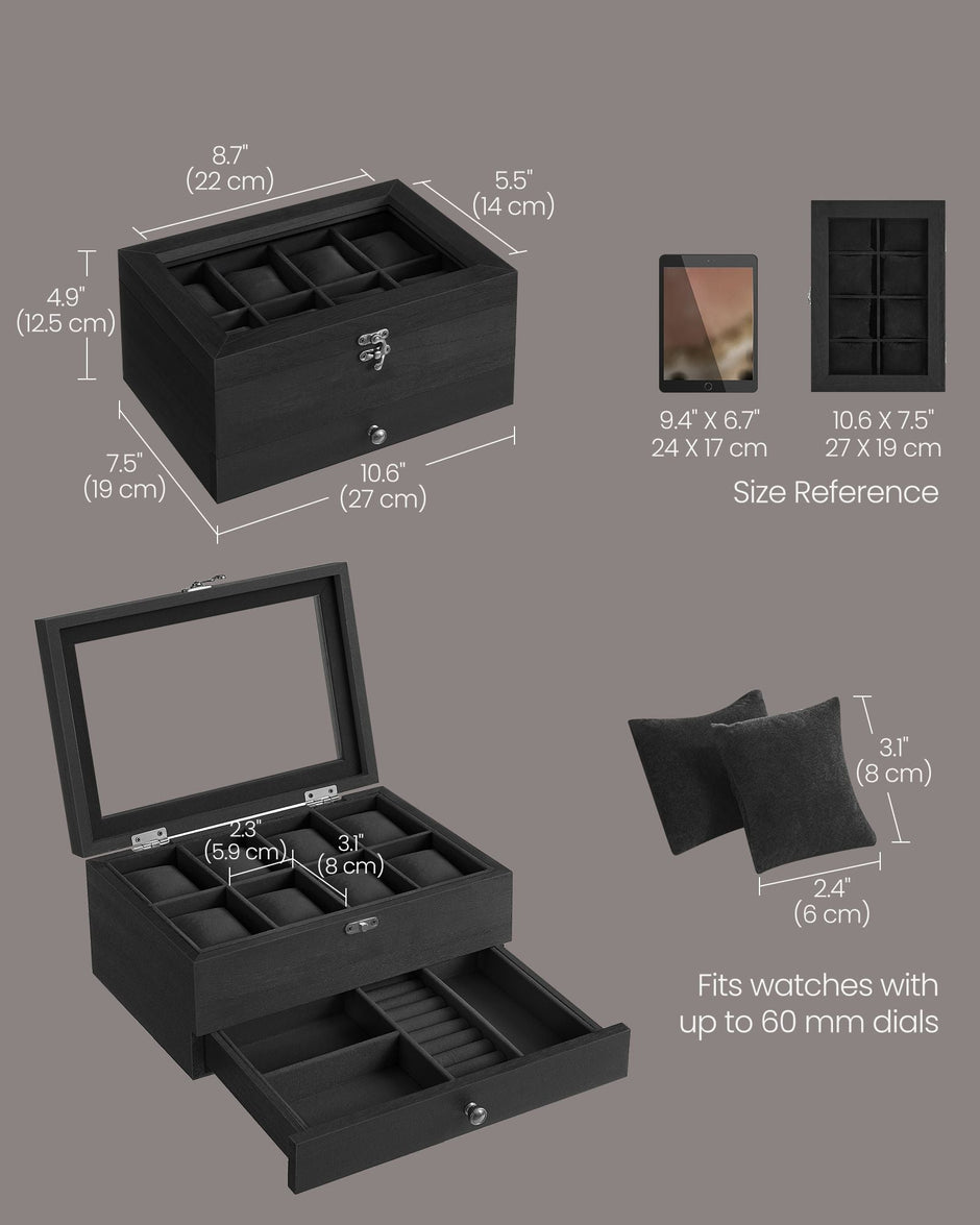 Watch Box – Solid Wood – Ink Black – 8 Slots with Pillows and Glass Lid