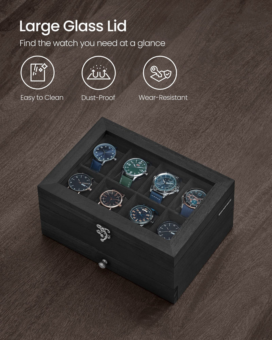 Watch Box – Solid Wood – Ink Black – 8 Slots with Pillows and Glass Lid