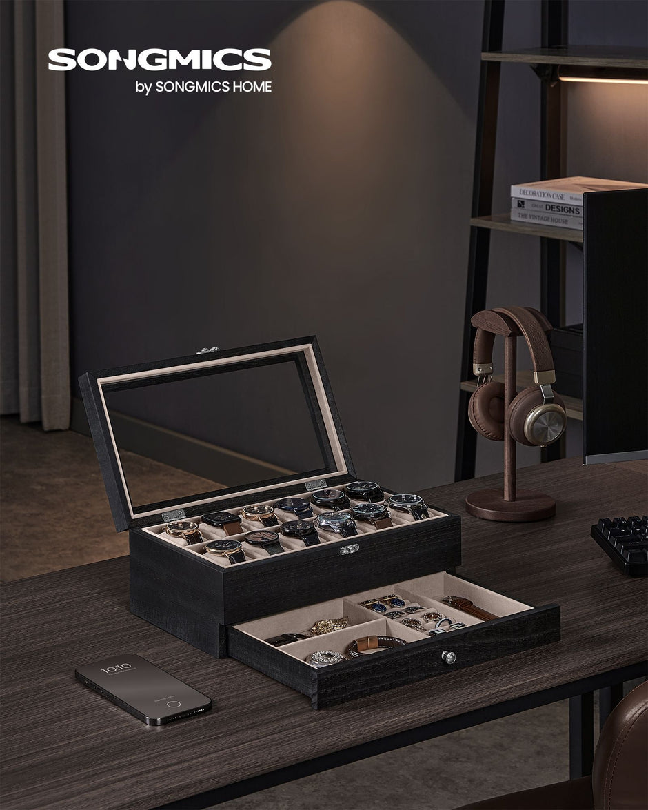 Watch Box – Wood – Wood Finish – 2-Tier with Glass Lid and 12 Slots