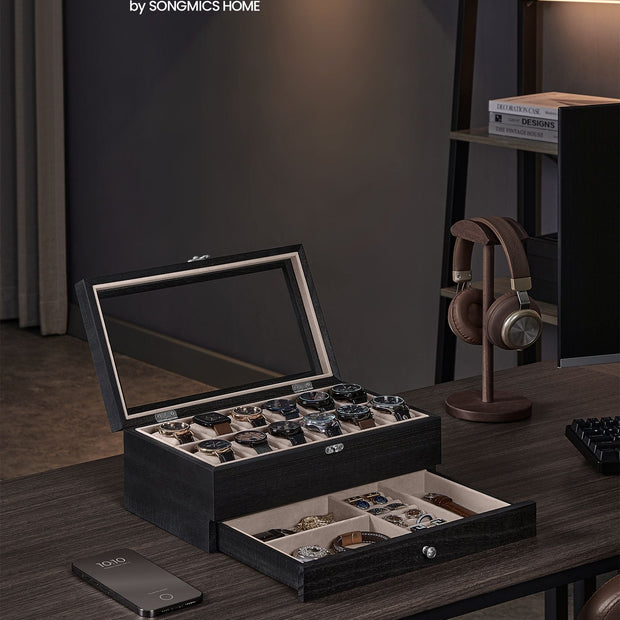 Watch Box – Wood – Wood Finish – 2-Tier with Glass Lid and 12 Slots