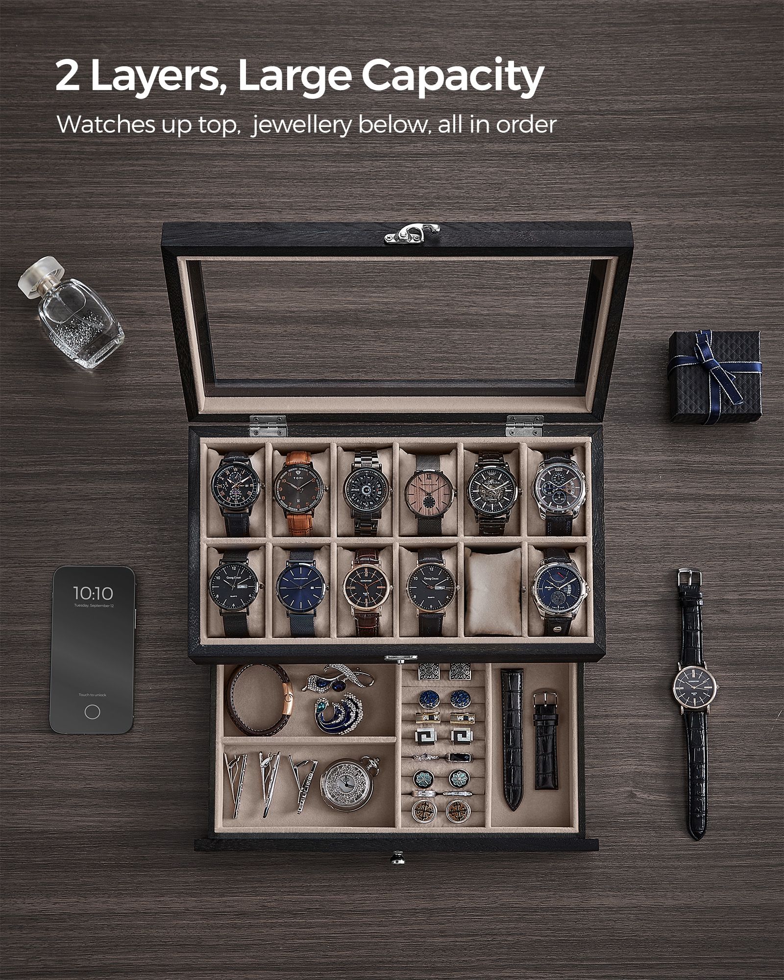 Watch Box – Wood – Wood Finish – 2-Tier with Glass Lid and 12 Slots
