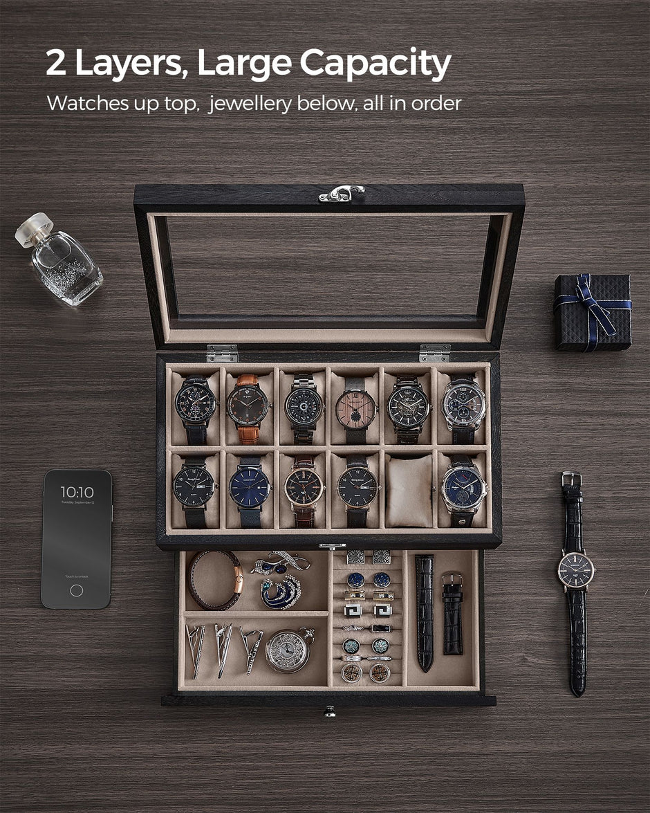 Watch Box – Wood – Wood Finish – 2-Tier with Glass Lid and 12 Slots
