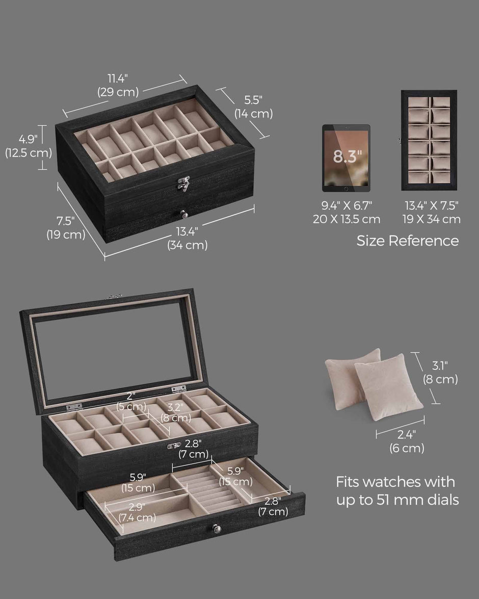 Watch Box – Wood – Wood Finish – 2-Tier with Glass Lid and 12 Slots