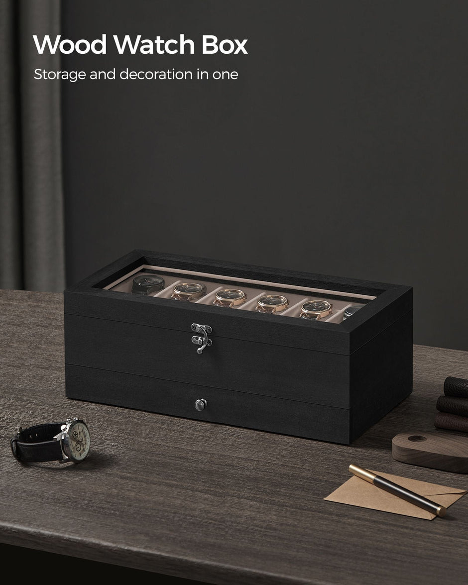 Watch Box – Wood – Wood Finish – 2-Tier with Glass Lid and 12 Slots