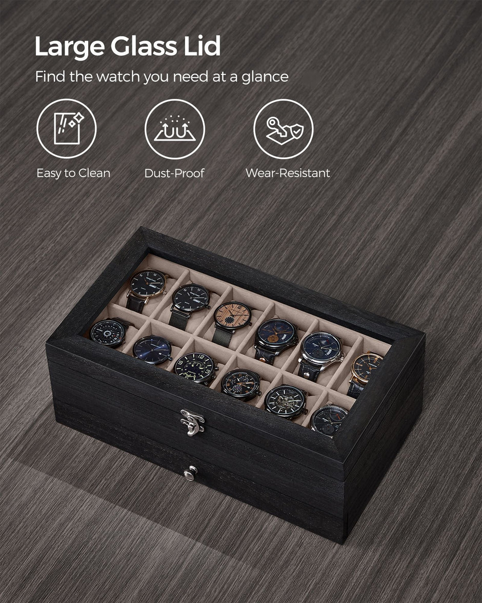 Watch Box – Wood – Wood Finish – 2-Tier with Glass Lid and 12 Slots