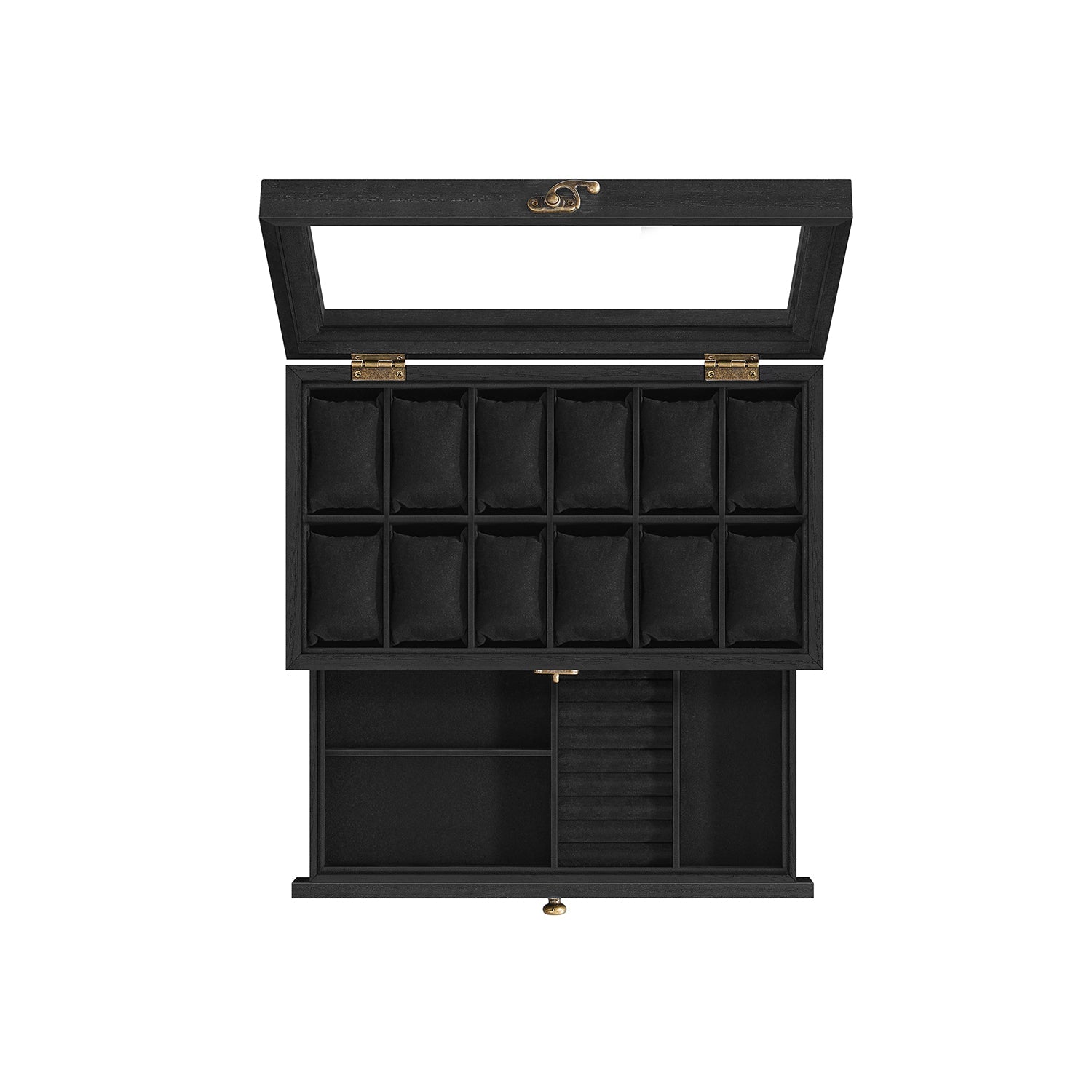 2-Tier Wood Watch Case – Wood – Ink Black – 8 Slots with Large Glass Lid and Velvet Lining