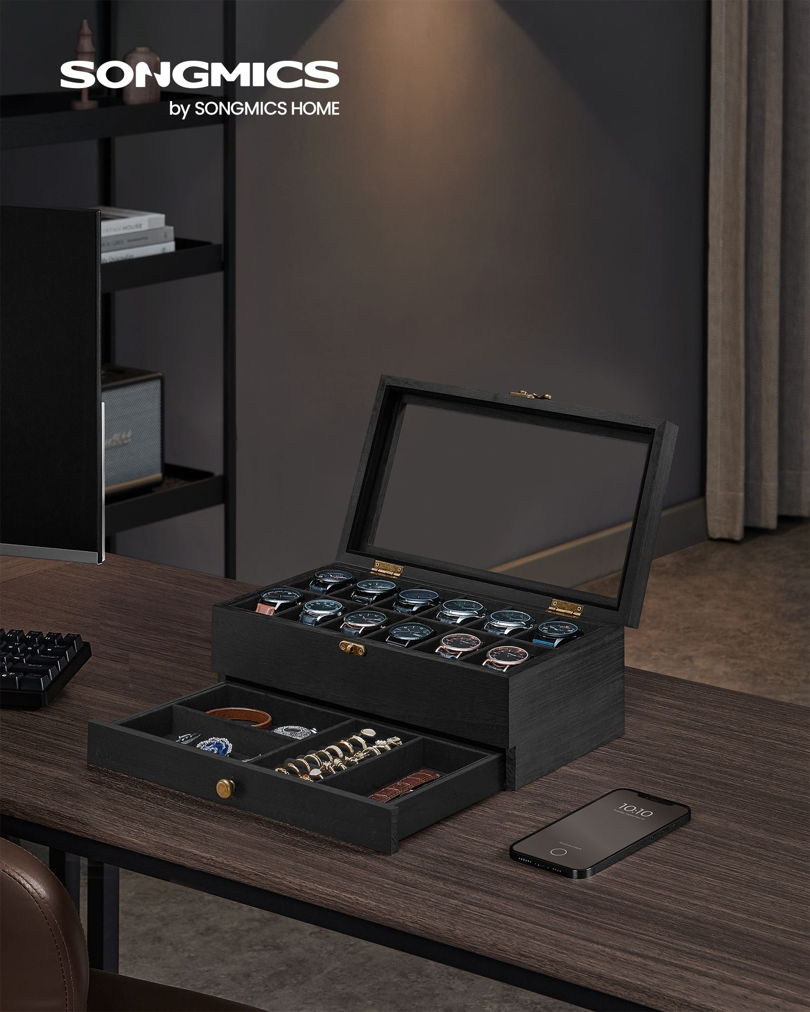 2-Tier Wood Watch Case – Wood – Ink Black – 8 Slots with Large Glass Lid and Velvet Lining
