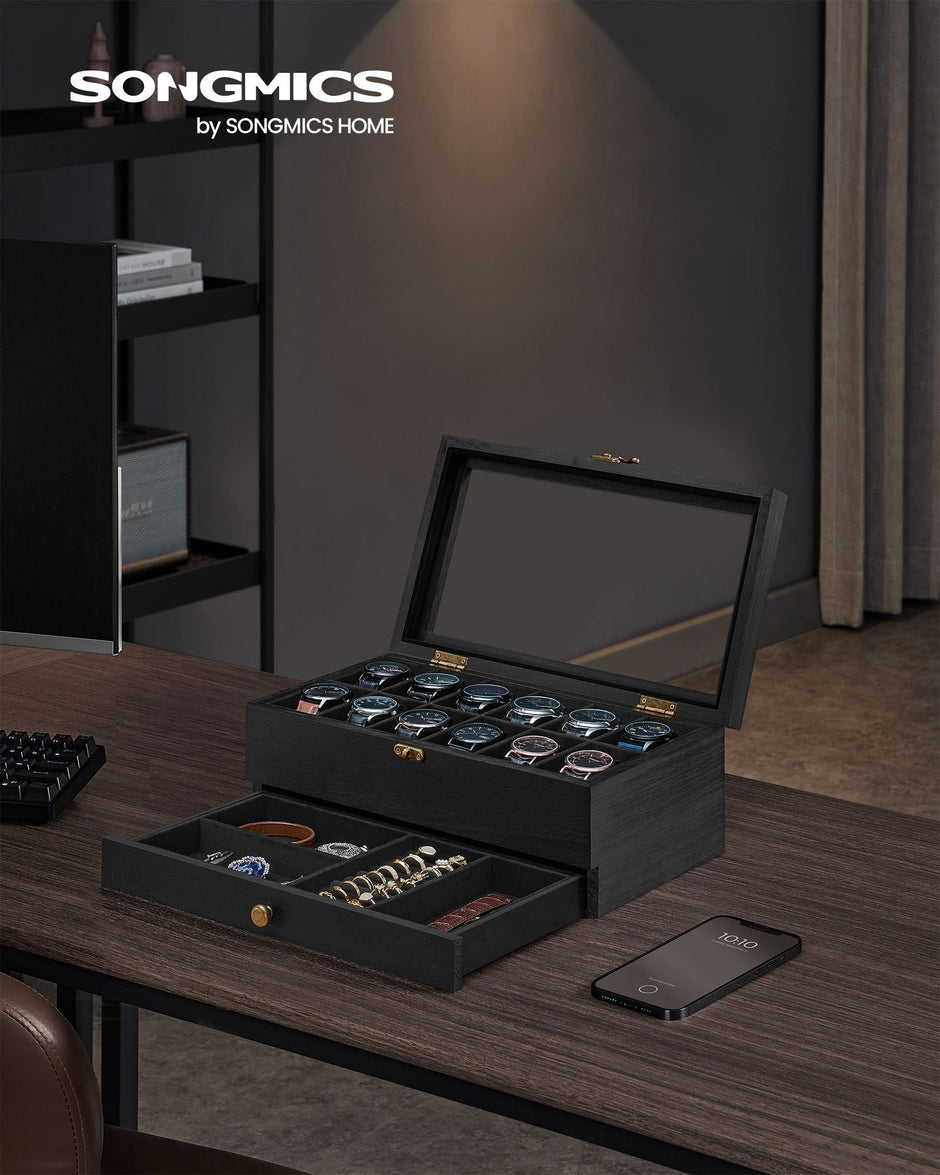 2-Tier Wood Watch Case – Wood – Ink Black – 8 Slots with Large Glass Lid and Velvet Lining