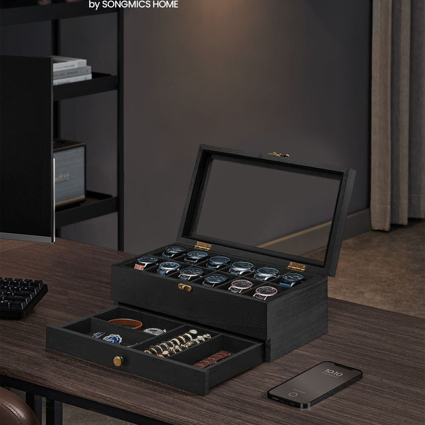 2-Tier Wood Watch Case – Wood – Ink Black – 8 Slots with Large Glass Lid and Velvet Lining