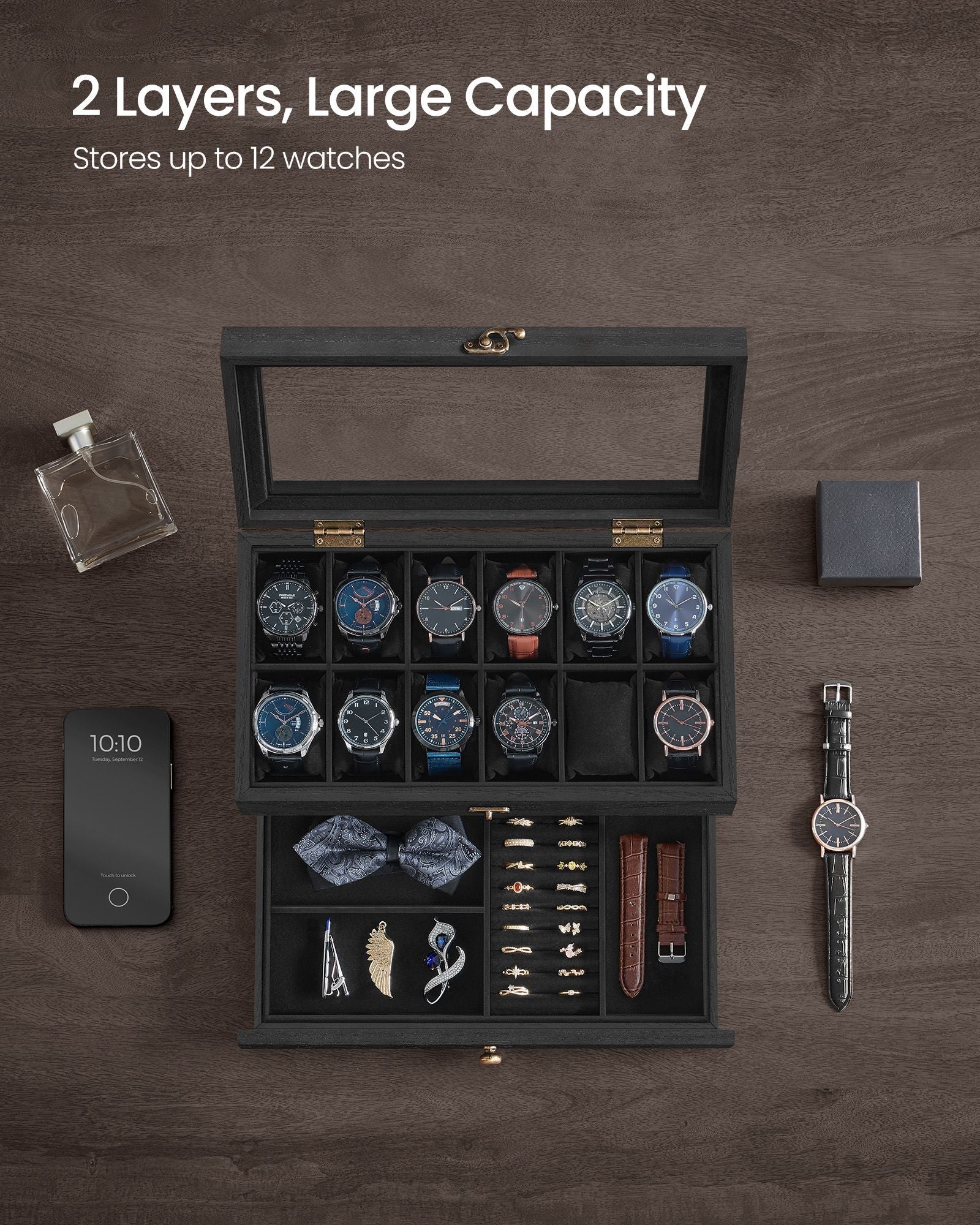 2-Tier Wood Watch Case – Wood – Ink Black – 8 Slots with Large Glass Lid and Velvet Lining