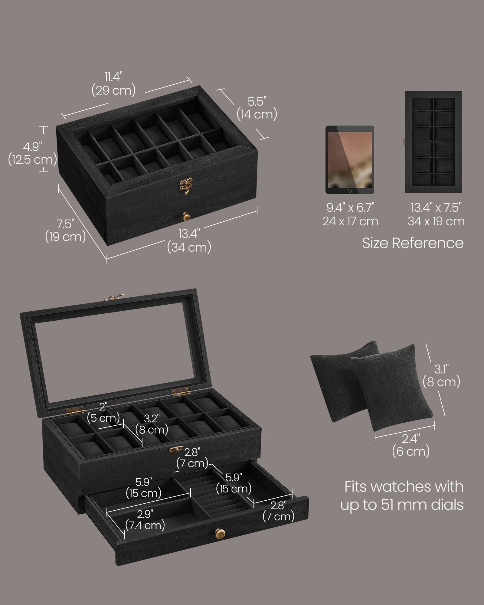 2-Tier Wood Watch Case – Wood – Ink Black – 8 Slots with Large Glass Lid and Velvet Lining