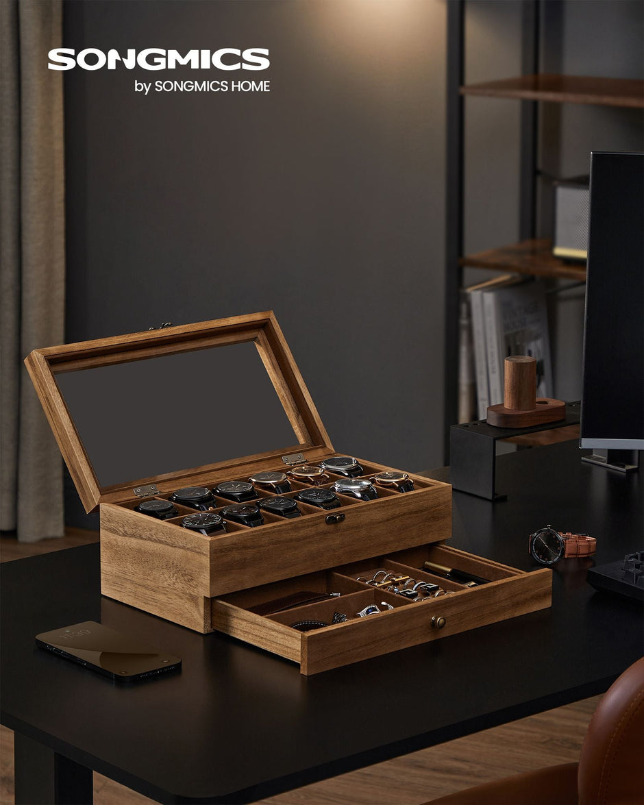 Watch Box – Wood – Multi-Color – 12 Slots with Large Glass Lid and Velvet Lining