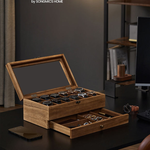 Watch Box – Wood – Multi-Color – 12 Slots with Large Glass Lid and Velvet Lining