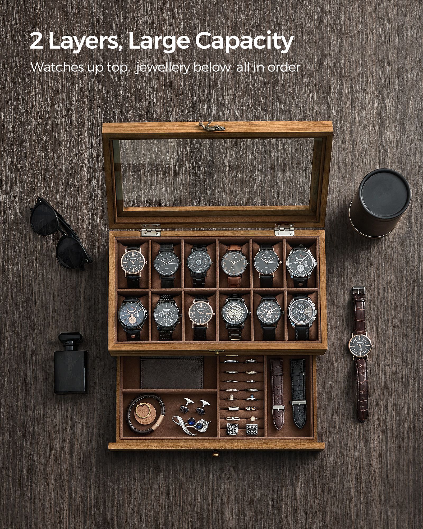 Watch Box – Wood – Multi-Color – 12 Slots with Large Glass Lid and Velvet Lining