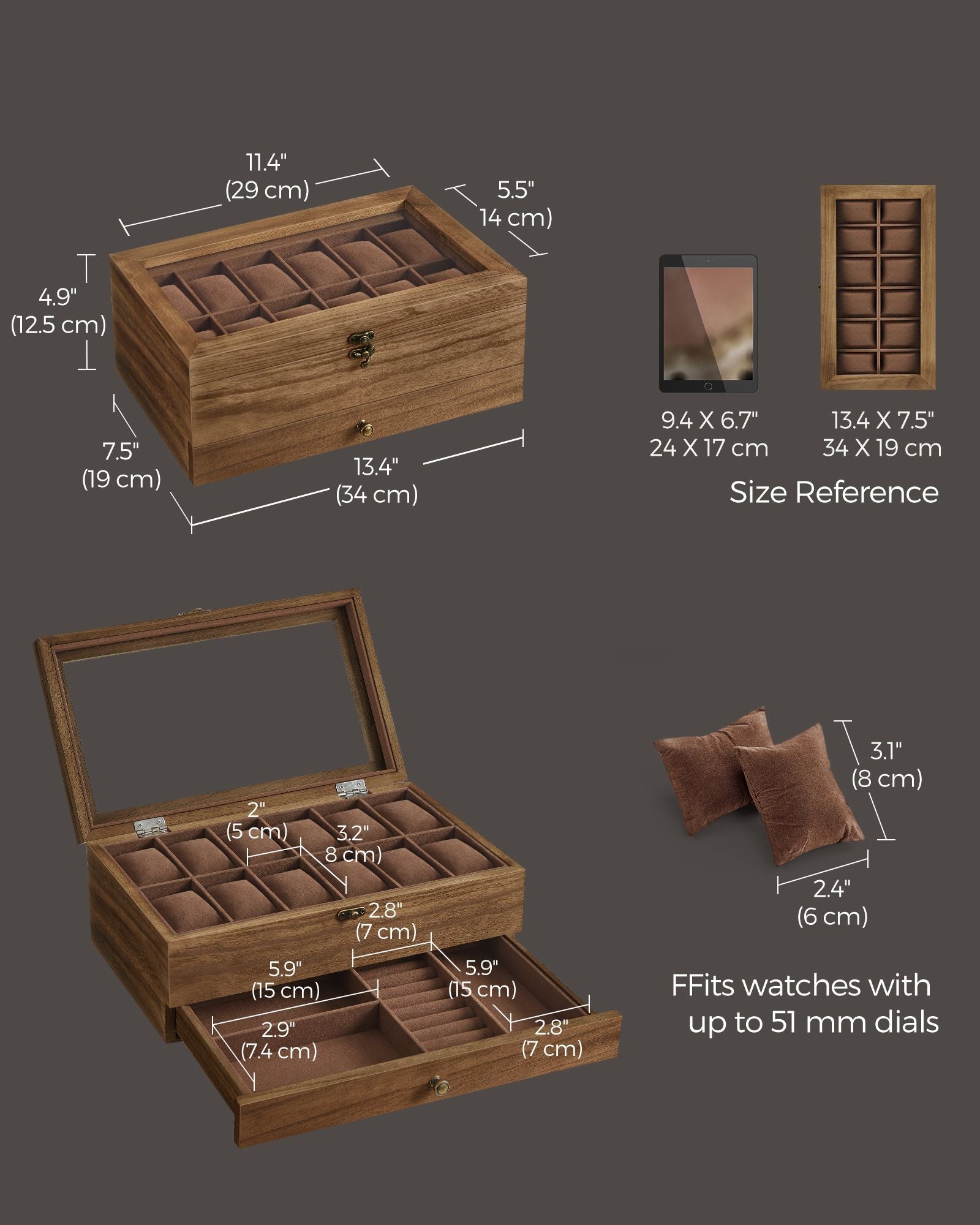 Watch Box – Wood – Multi-Color – 12 Slots with Large Glass Lid and Velvet Lining