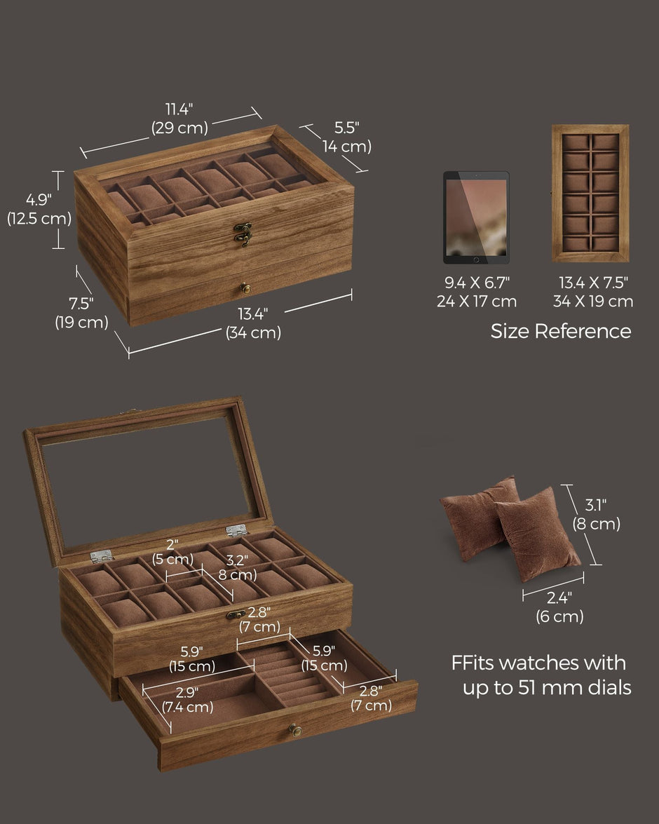 Watch Box – Wood – Multi-Color – 12 Slots with Large Glass Lid and Velvet Lining