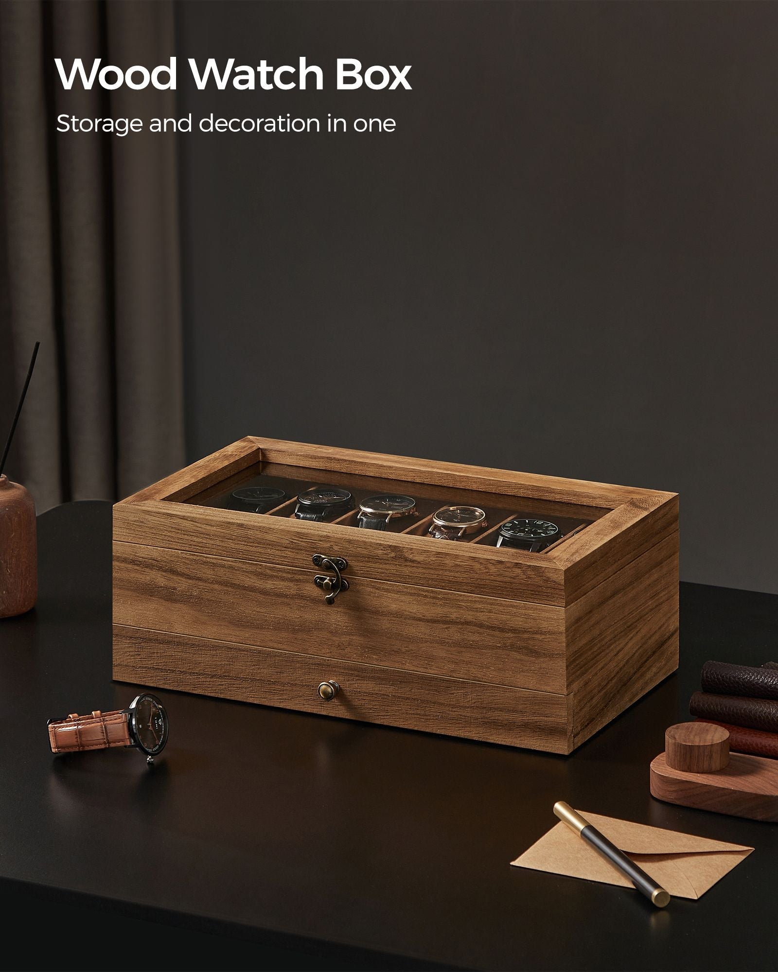 Watch Box – Wood – Multi-Color – 12 Slots with Large Glass Lid and Velvet Lining
