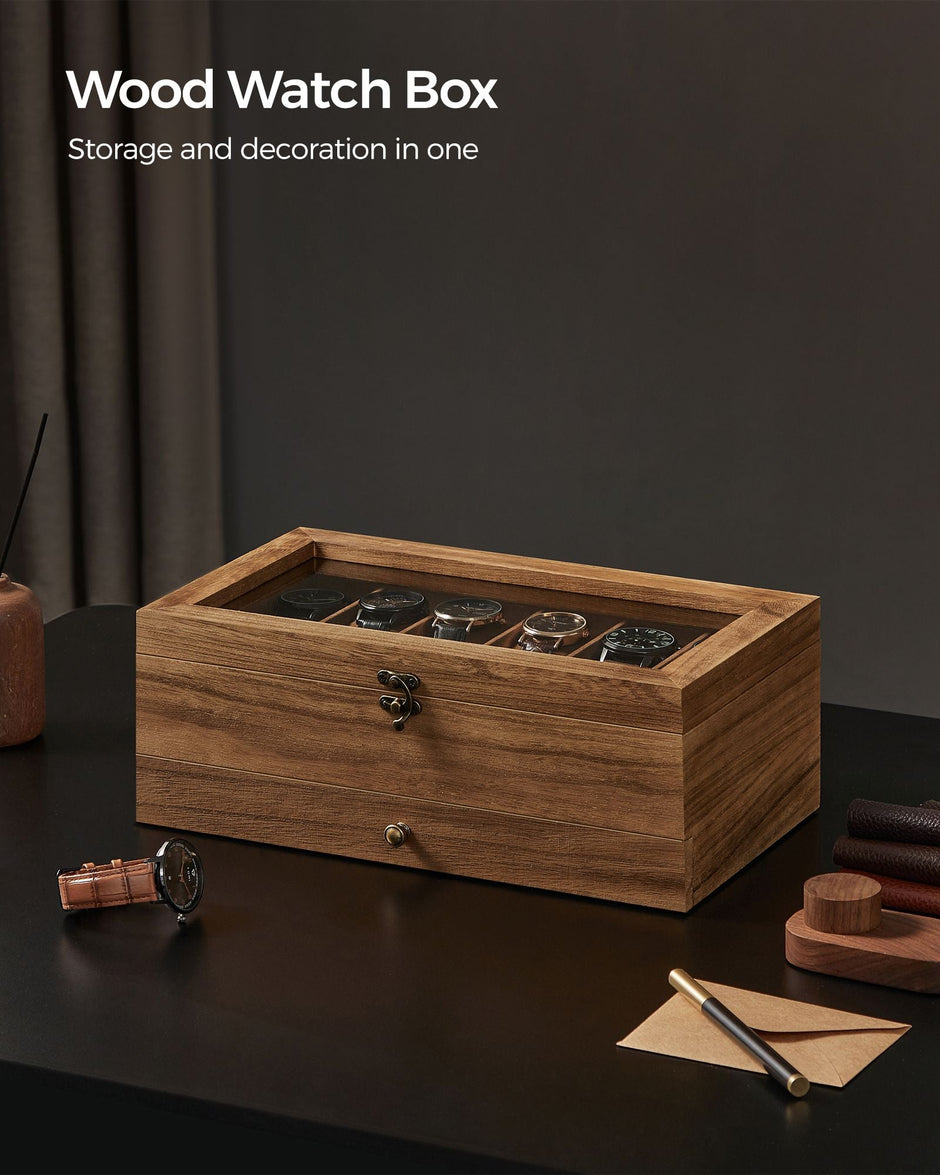 Watch Box – Wood – Multi-Color – 12 Slots with Large Glass Lid and Velvet Lining