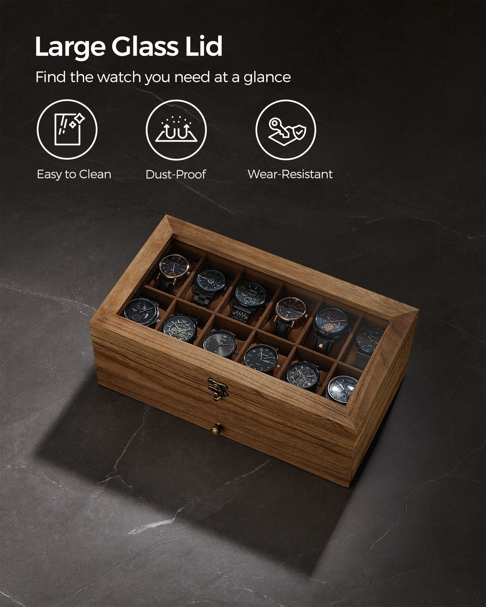 Watch Box – Wood – Multi-Color – 12 Slots with Large Glass Lid and Velvet Lining