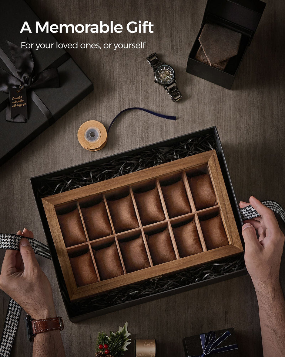 Watch Box – Wood – Multi-Color – 12 Slots with Large Glass Lid and Velvet Lining