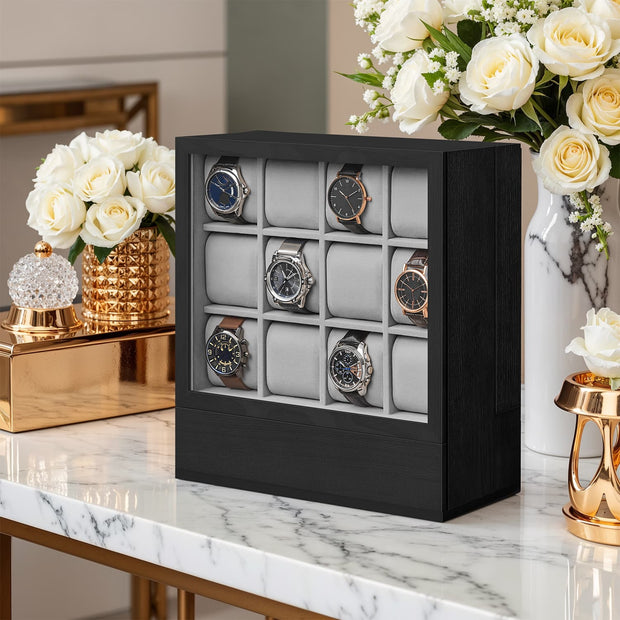 Watch Display Case – Wood – Ebony Black – 12-Slot Organizer with Glass Window
