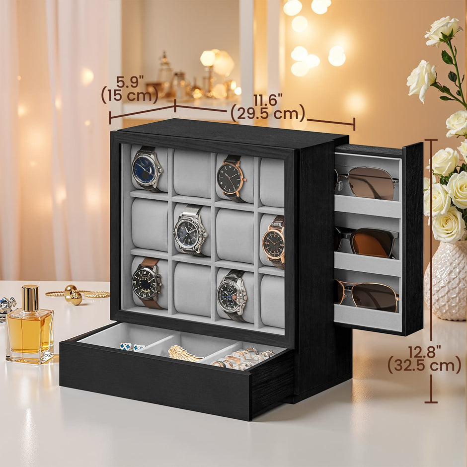 Watch Display Case – Wood – Ebony Black – 12-Slot Organizer with Glass Window