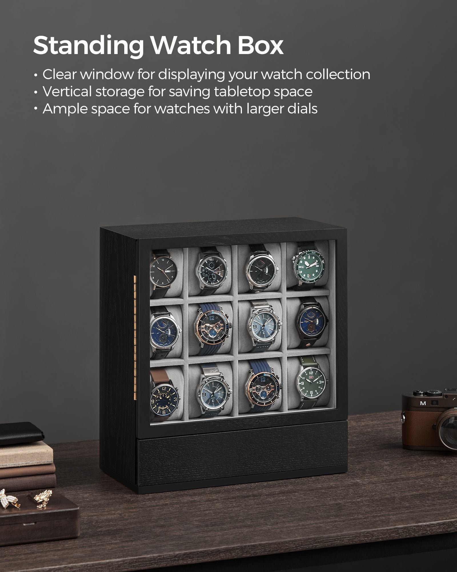 12-Slot Wooden Watch Box – Solid Wood Veneer – Ebony Black – Vertical Storage with Display Window
