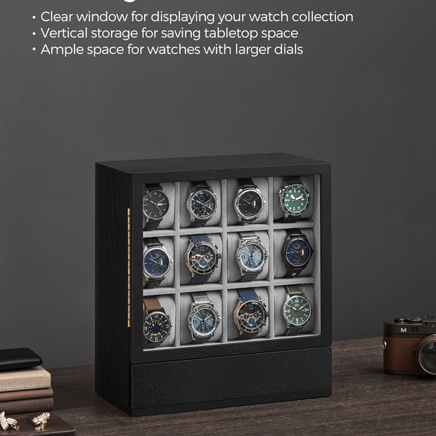 12-Slot Wooden Watch Box – Solid Wood Veneer – Ebony Black – Vertical Storage with Display Window