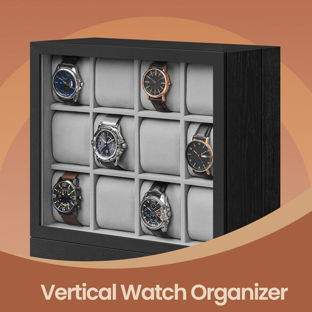 Watch Display Case – Wood – Ebony Black – 12-Slot Organizer with Glass Window
