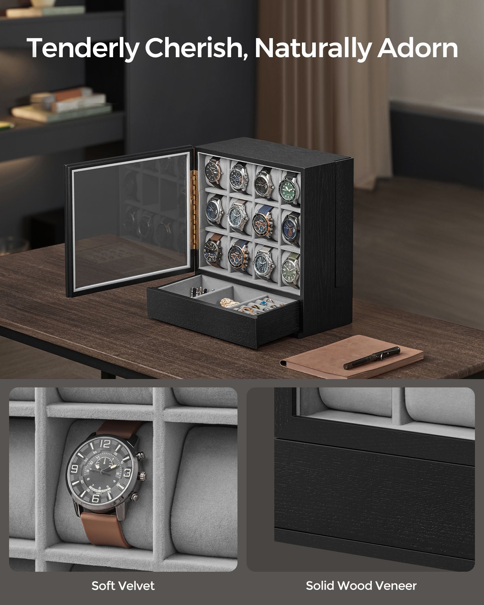 12-Slot Wooden Watch Box – Solid Wood Veneer – Ebony Black – Vertical Storage with Display Window