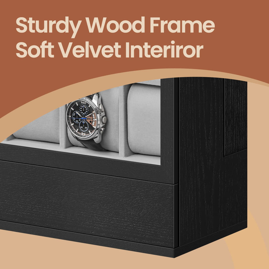 Watch Display Case – Wood – Ebony Black – 12-Slot Organizer with Glass Window